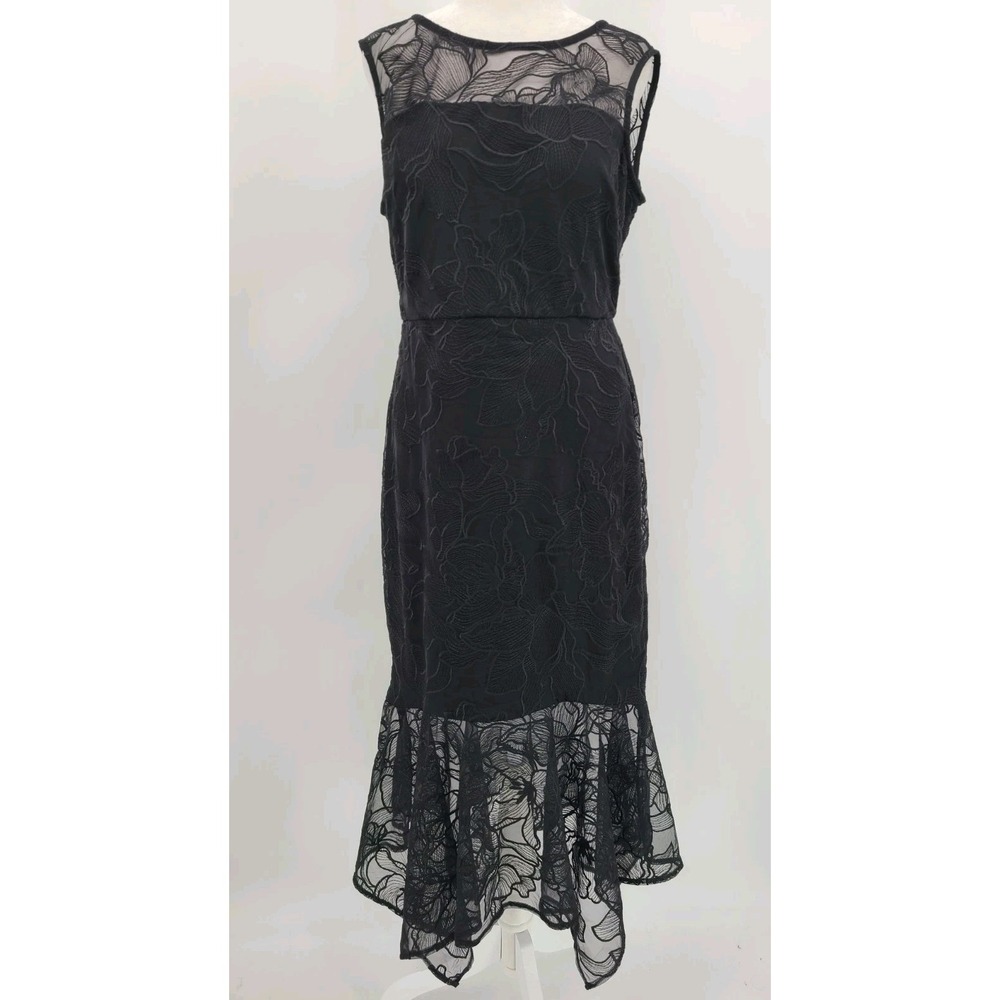 Whimsigoth Dark Romantic Midi Dress 8 Flounce Asymmetrical Hem HOCO Lace Black
